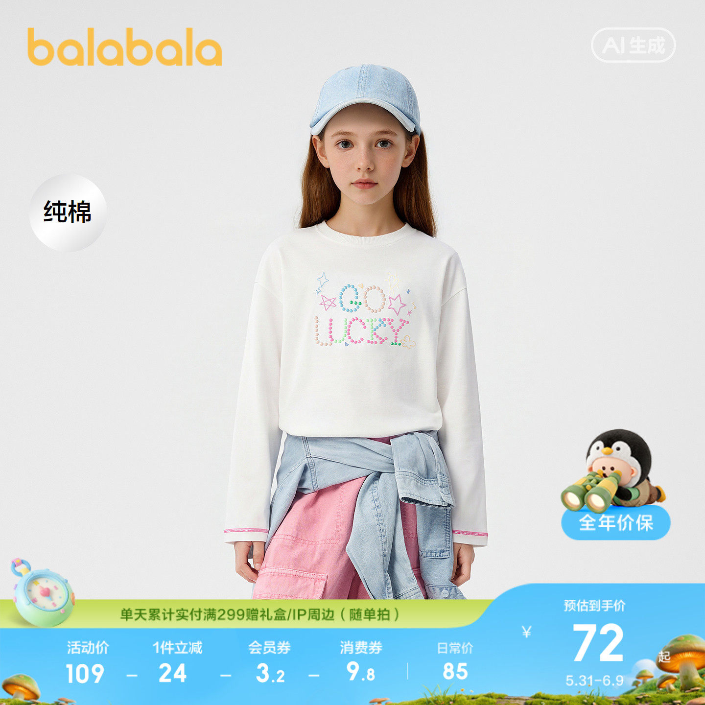 巴拉巴拉童装女童长袖t恤儿童2026春装新款圆领上衣纯棉衣服