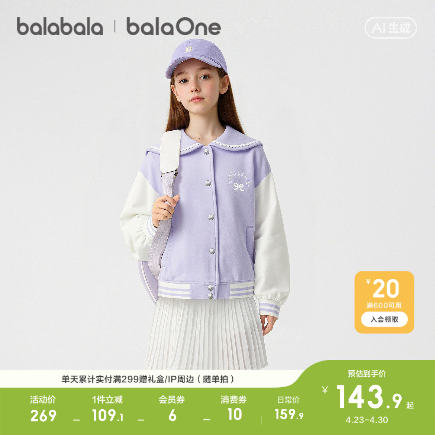 【balaOne】巴拉巴拉童装儿童外套女童棒球服2026新款春甜美撞色