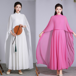 2026年新款雪纺飘逸复古显瘦女玫红白色中国风禅意茶服披风连衣裙