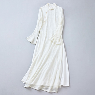秋冬季奥黛旗袍长裙中国风茶服女羊毛混纺禅服修身长款白色连衣裙