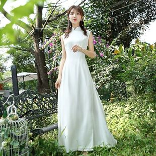 夏季新款中式改良越南奥黛旗袍增高显瘦女装无袖长裙禅舞服连衣裙