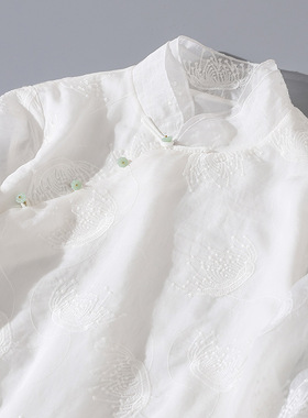 新中式改良旗袍女装中国风高档刺绣白色仙女七分袖宽松连衣裙