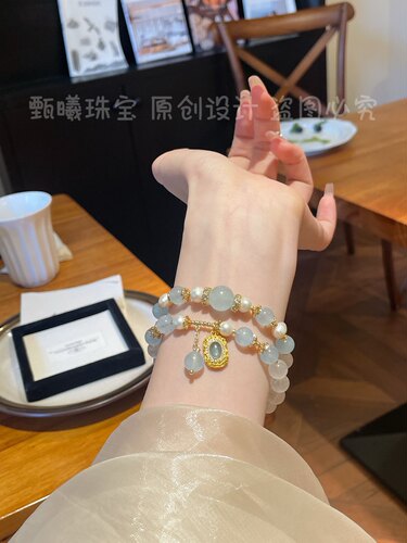 【艾莎公主】天然海蓝宝月光石水晶手链女天然珍珠蓝色手串礼物