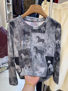 国风扎染水墨印花内搭网纱T恤2026春季款洋气妈妈装圆领长袖小衫