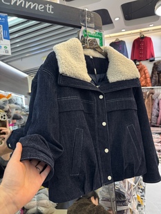 冬季加厚新款牛仔拼接羊羔毛翻领羽绒服2025年新款保暖白鸭绒外套