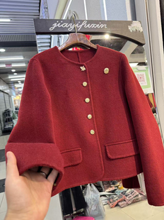 2026春季新款妈妈装短款呢子外套双面羊毛大衣红色圆领毛呢大衣