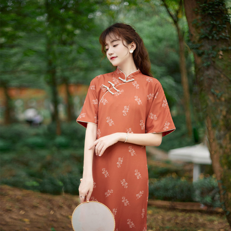 伊甸原创自制复古红色中长款古法旗袍五分袖少女款国风小个子