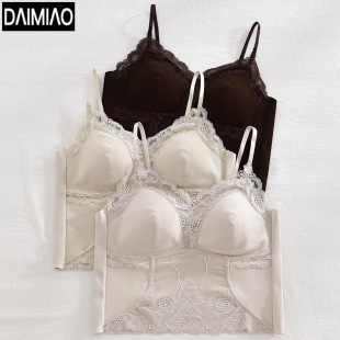 2532法式 蕾丝小吊带背心文胸一体带胸垫内衣女可外穿美背固定杯
