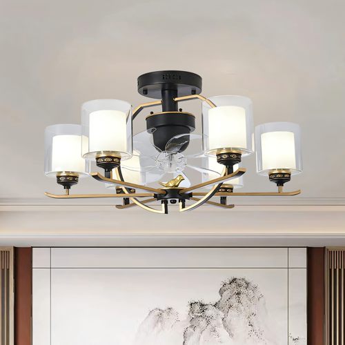 新中式禅意风扇灯中古客厅餐厅豪华家用复古吊扇灯遥控摇头吹风