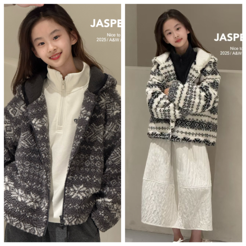 JASPER正版2025冬装男女童韩版费尔岛羊羔毛外套中大童保暖上衣潮
