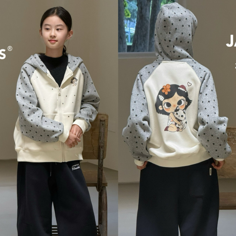JASPER正版波拉童装2026冬款韩版女童一体绒连帽外套中大童卫衣潮