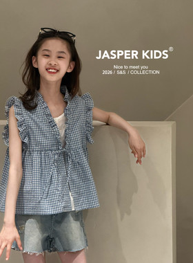 JASPER正版波拉童装2026夏女童韩版格子两件套短袖中大童百搭上衣