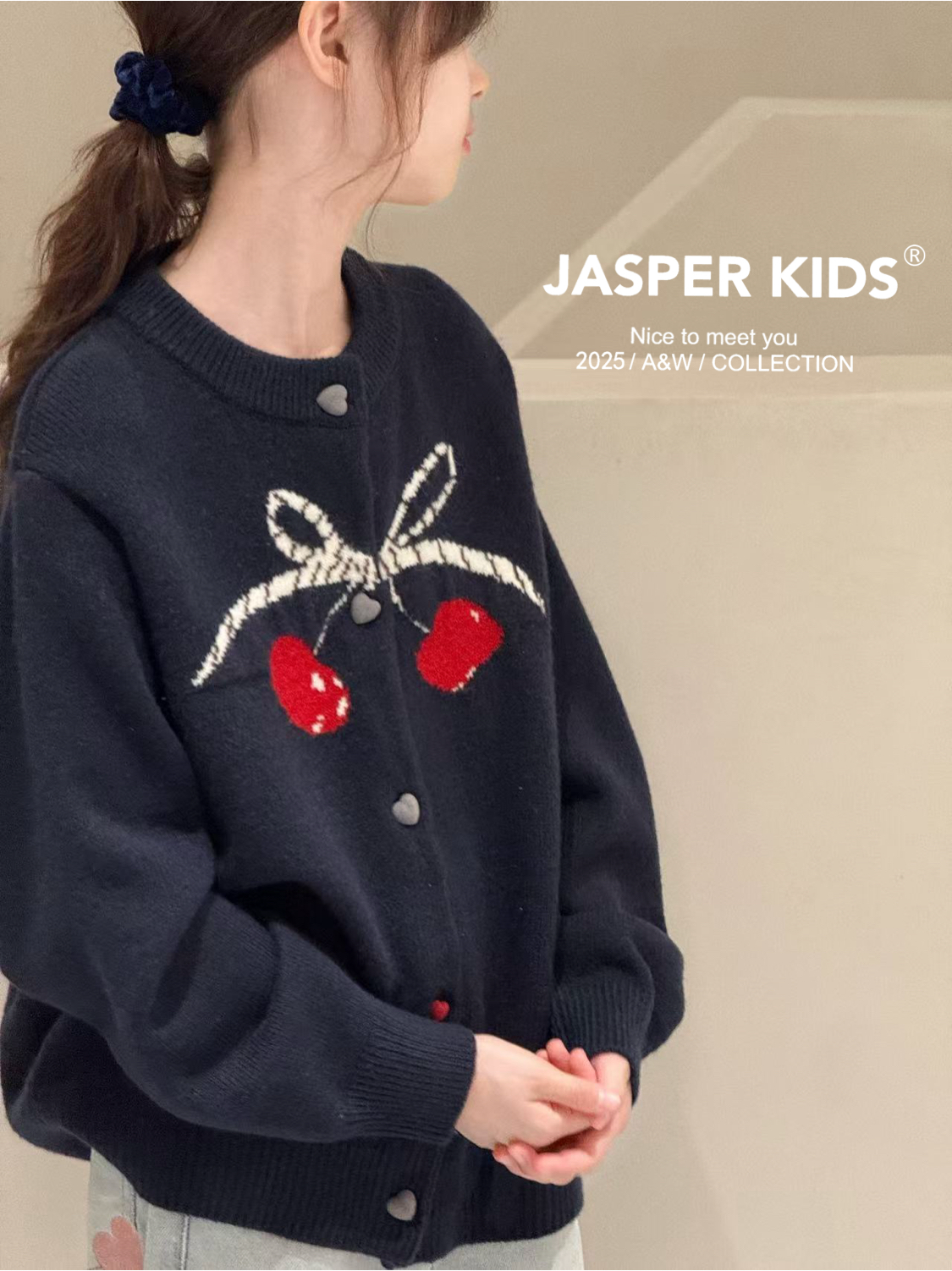 JASPER正版2025秋冬装女童针织衫韩版儿童樱桃毛衣开衫外套亲子潮