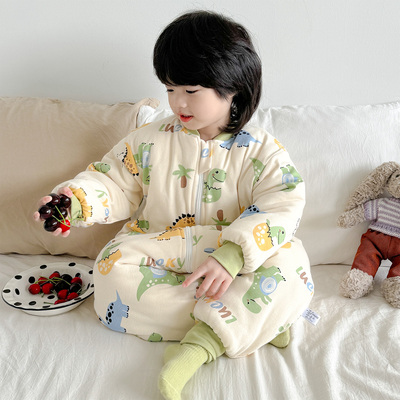 儿童睡袋冬季加厚夹棉男女童防踢被纯棉宝宝连体睡衣秋冬保暖防寒