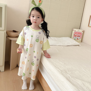 女童睡裙纯棉夏季短袖薄款亲子母女可爱卡通小女孩睡衣全棉家居裙