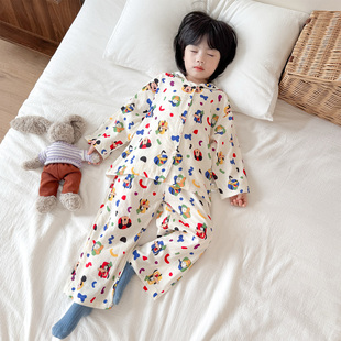 儿童睡衣纯棉纱布长袖开衫春秋款宝宝卡通米奇翻领亲子家居服套装