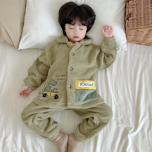 儿童法兰绒睡衣秋冬季加厚珊瑚绒保暖中大童男女孩新款家居服套装