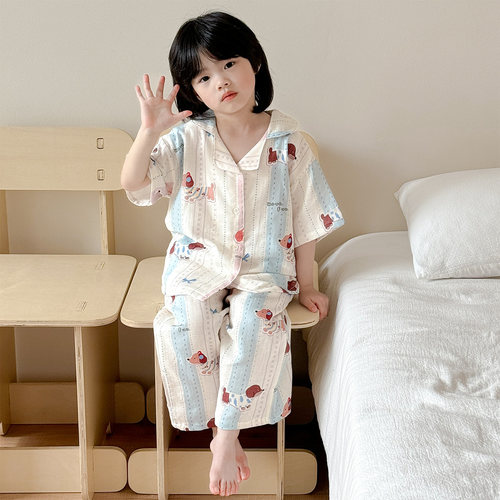 ins韩版男童睡衣夏季纯棉纱布短袖长裤薄款套装女童家居服亲子装