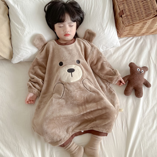 婴儿法兰绒睡袋秋冬季 加厚保暖儿童连体睡衣宝宝防踢被珊瑚绒睡袍