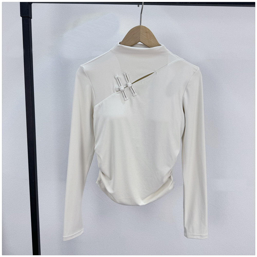 新中式旗袍扣瑜伽服长袖女弹力紧身运动上衣性感镂空气质健身上衣