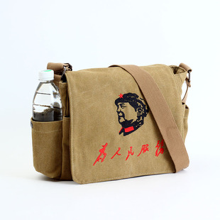 帆布包男斜挎刺绣为人民服务包单肩包复古红军包加厚帆布大容量包