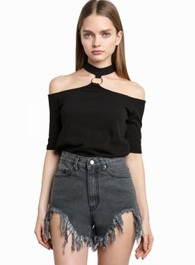 pixiemarket欧美风时尚学院黑色漏肩挂脖短袖T恤潮款一字肩上衣女