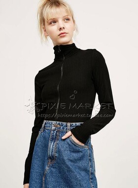 pixiemarket欧美新款时尚运动休闲显瘦纯色高领针织开衫T恤卫衣女