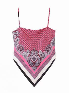 PixieMarket欧美夏季新款印花露背系带蝴蝶结锥形吊带背心小肚兜