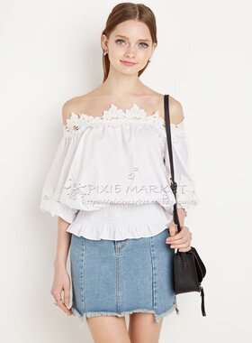 抢购pixiemarket欧美时尚性感蕾丝花边拼接一字领露肩宽松衬衫女