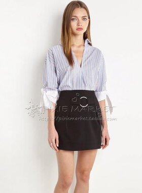 pixiemarket欧美风时尚简约V领袖口绑带后背圆环装饰条纹衬衫女潮