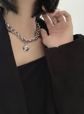 pixiemarket欧美新款时尚粗链条项链女王钱币头像锁骨链双层链潮