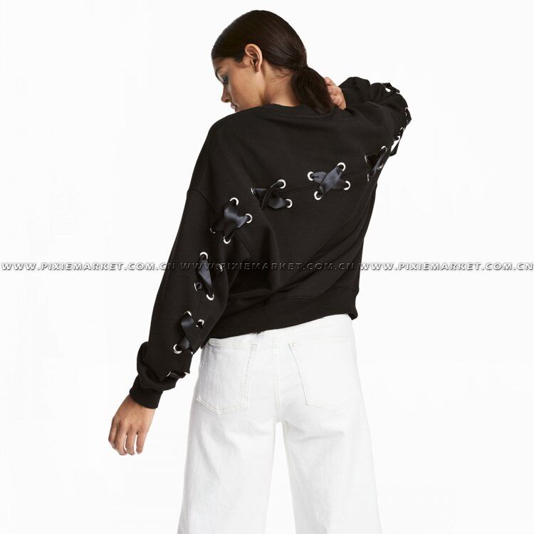 PixieMarket欧美新款时尚编织系带宽松显瘦长袖运动衫休闲卫衣潮