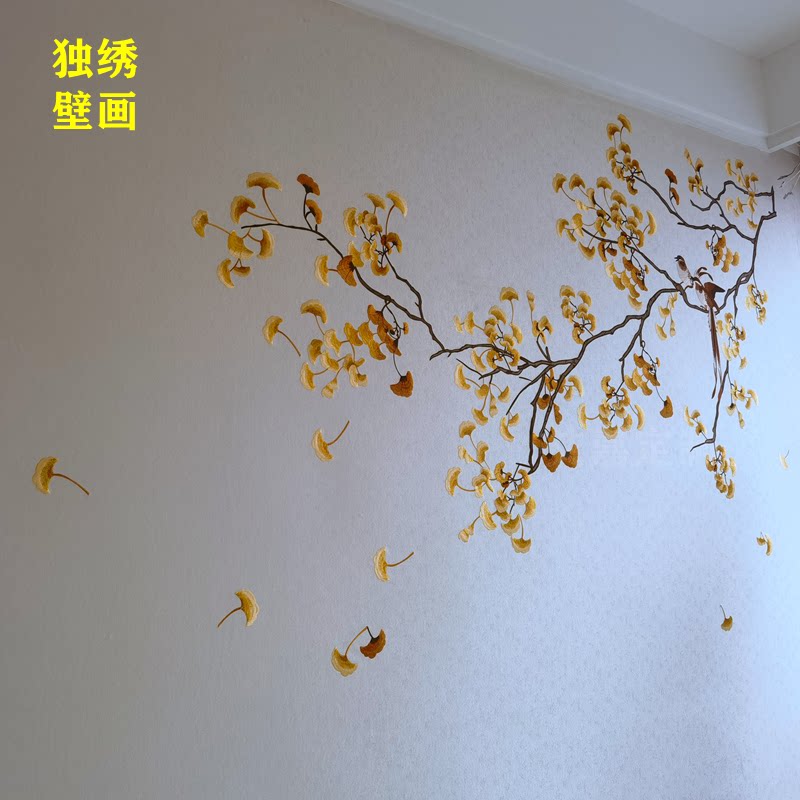 艾嘉定制无缝墙布中式田园花鸟银定制壁画