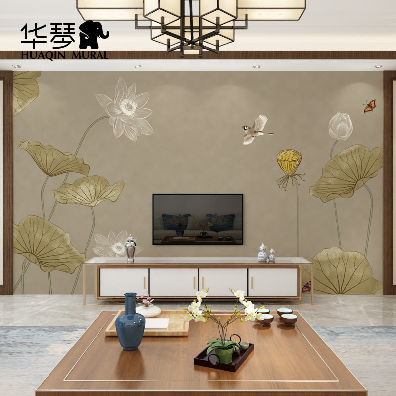 怀旧复古墙布荷花中式花鸟背景墙壁纸客厅卧室电视背景墙壁画墙纸