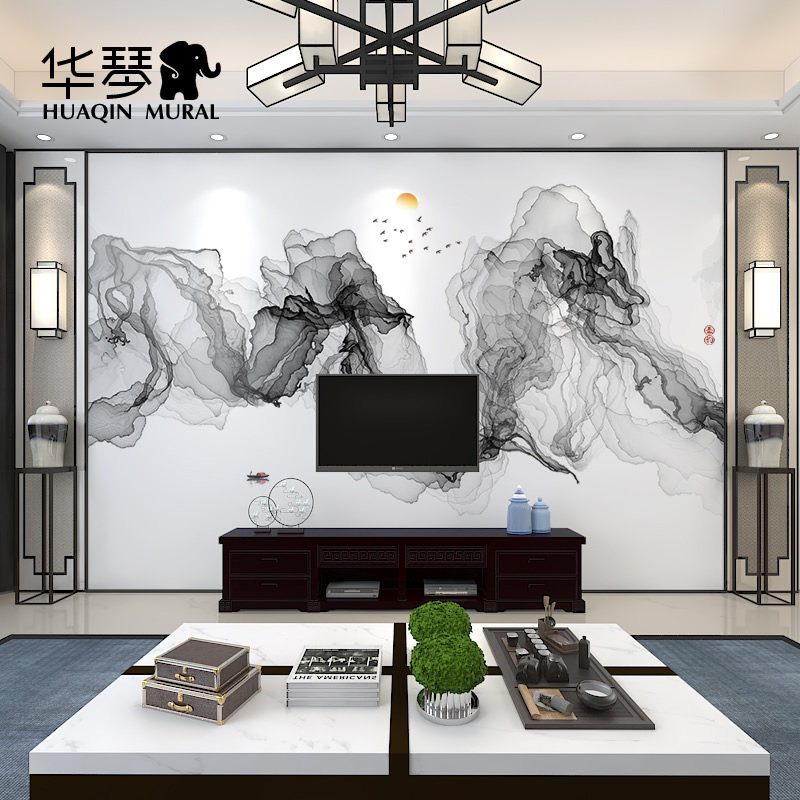 现代黑白水墨泼墨线条影视墙壁纸电视背景墙壁画客厅吊顶墙纸墙布
