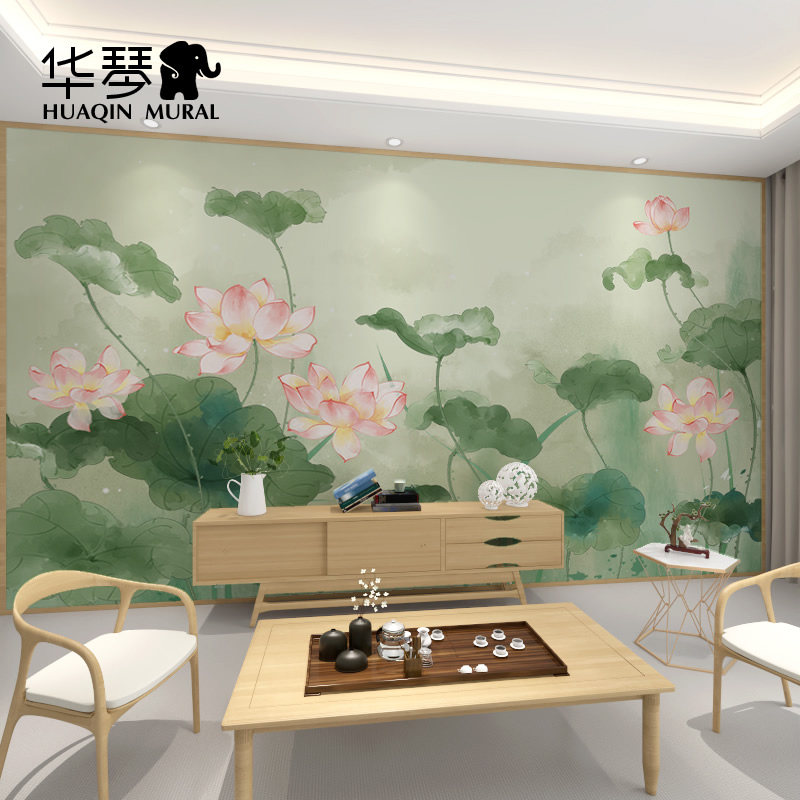 新中式荷花电视背景墙壁纸莲花壁画客厅卧室茶室墙纸无缝壁布墙布
