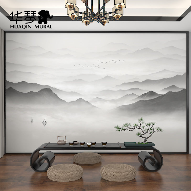 现代新中式意境大气山水客厅沙发电视背景墙壁纸壁画定制墙布壁布,家装主材,定制壁画,淘宝优惠券,粉丝福利购,淘宝优惠卷