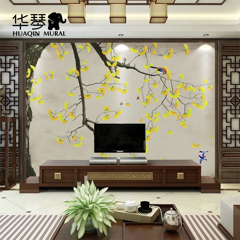 老树古藤杏花喜鹊花鸟壁画客厅卧室沙发床头背景墙无纺布墙纸壁纸,家装主材,定制壁画,淘宝优惠券,粉丝福利购,淘宝优惠卷