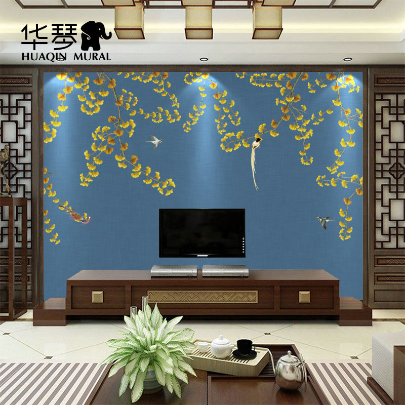 中式银杏深蓝色壁画定制 客厅卧室沙发背景墙影视墙壁纸墙布墙纸,家装主材,定制壁画,淘宝优惠券,粉丝福利购,淘宝优惠卷
