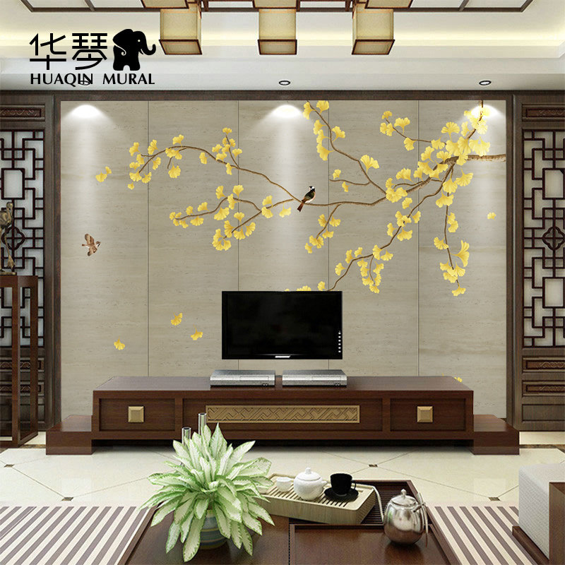 电视背景墙壁纸现代中式客厅卧室影视墙手绘银杏墙纸定制壁画墙布,家装主材,定制壁画,淘宝优惠券,粉丝福利购,淘宝优惠卷