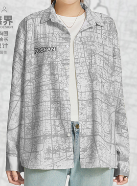 广东佛山Foshan禅城市地图长袖衬衫男女地名潮牌衬衣上衣设 无界