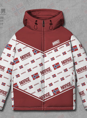 挪威Norway国家国旗连帽羽绒服男女新款满印加厚外套冬装设 无界