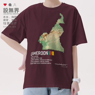 喀麦隆地形地图人文科普复古潮流个性印花短袖T恤男女短t设 无界
