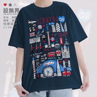 英国首都伦敦白金汉宫塔桥著名地标涂鸦短袖T恤男女夏0017设 无界