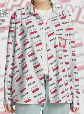 波兰Poland国家国旗满印长袖衬衫男女宽松ins印花衬衣服装设 无界
