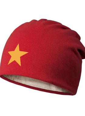 中国红五角星帽子男女棉帽秋冬围脖防风加绒堆堆帽包头帽设 无界