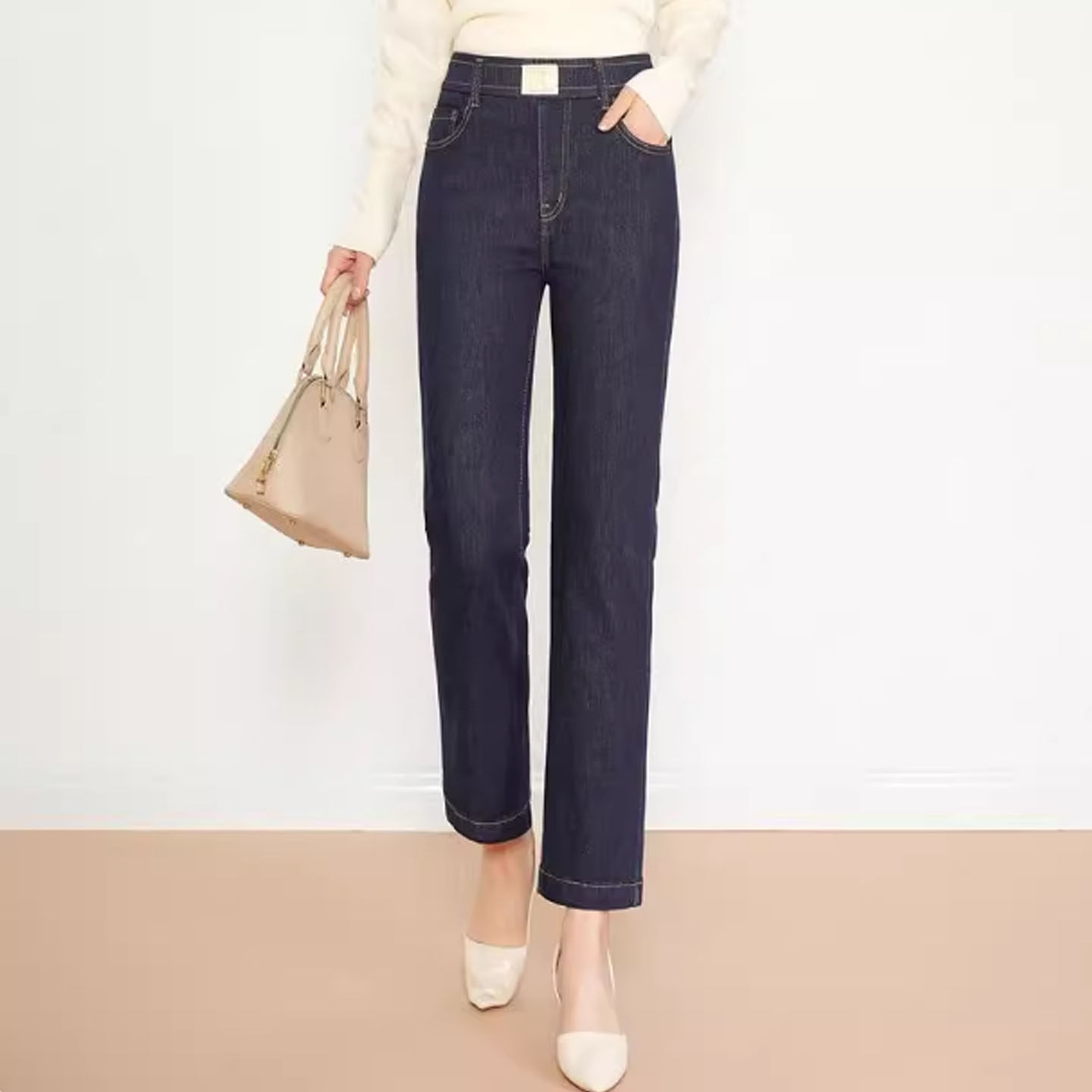 春秋款中年妈妈直筒九分牛仔裤女松紧腰小个子高腰宽松弹力八分裤