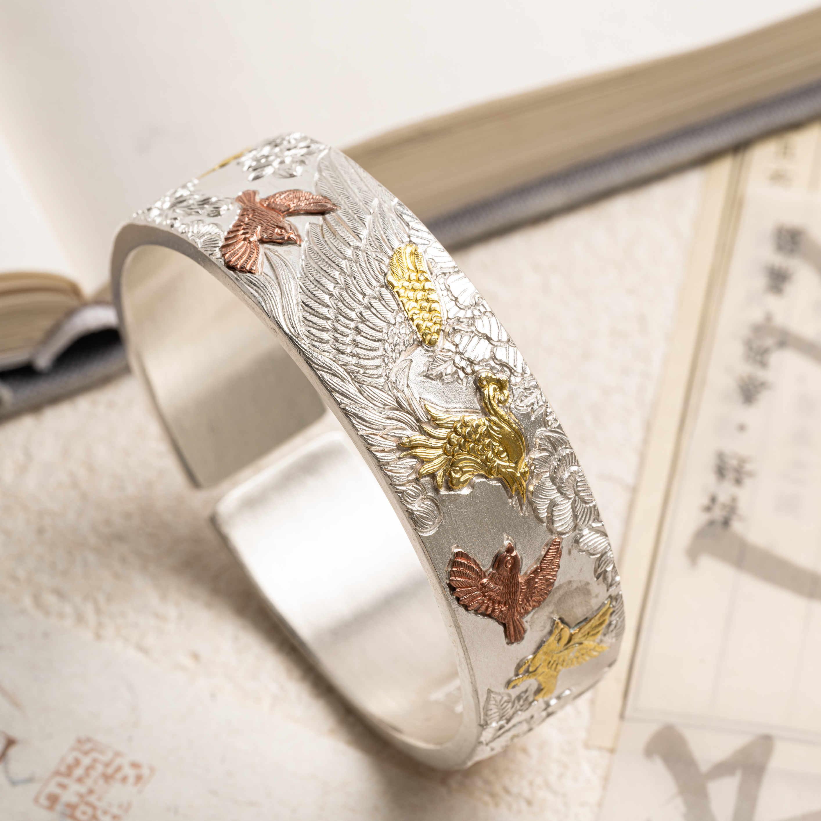 百鸟朝凤#足银999金银错纯手工錾刻国风设计感手镯