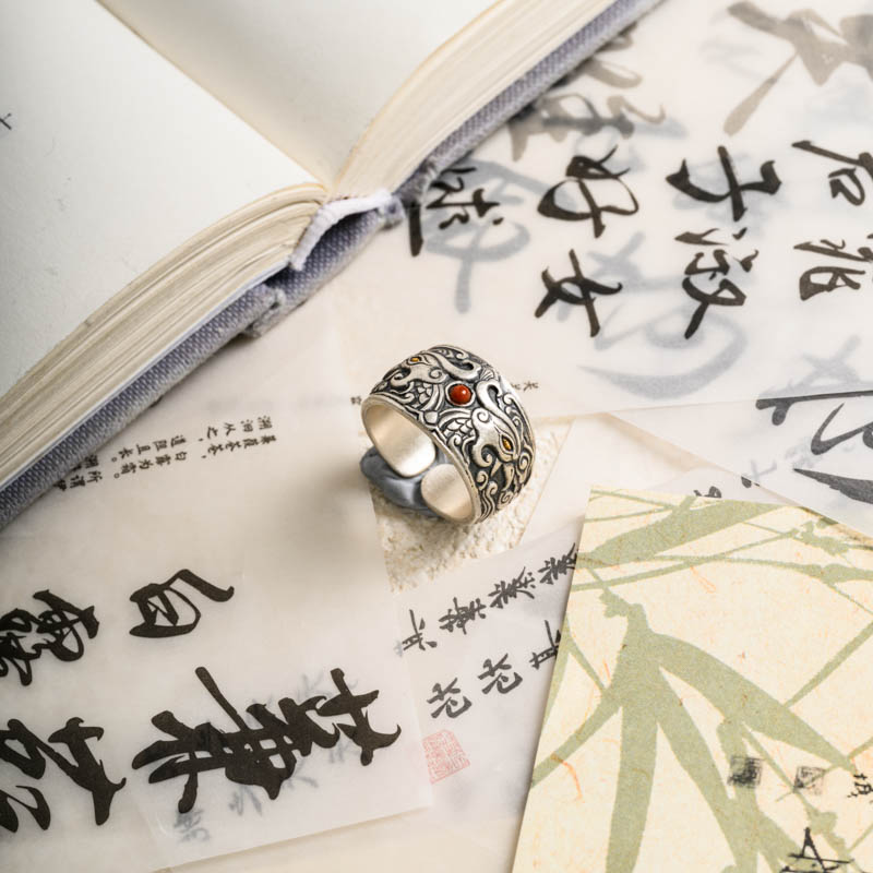 双头凤戒指｜纯手工錾刻 足银999戒指 约12克