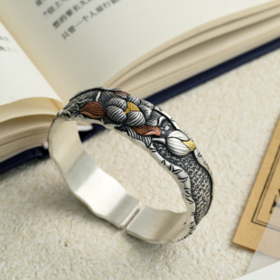 荷花心经｜纯手工錾刻金银错工艺足银999手镯约108克